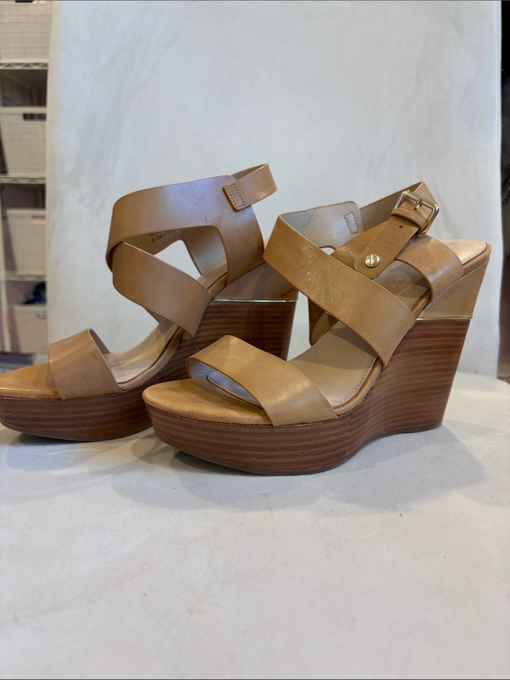 Aldo Tan Leather Crisscross Platform Wedges with Gold Buckle